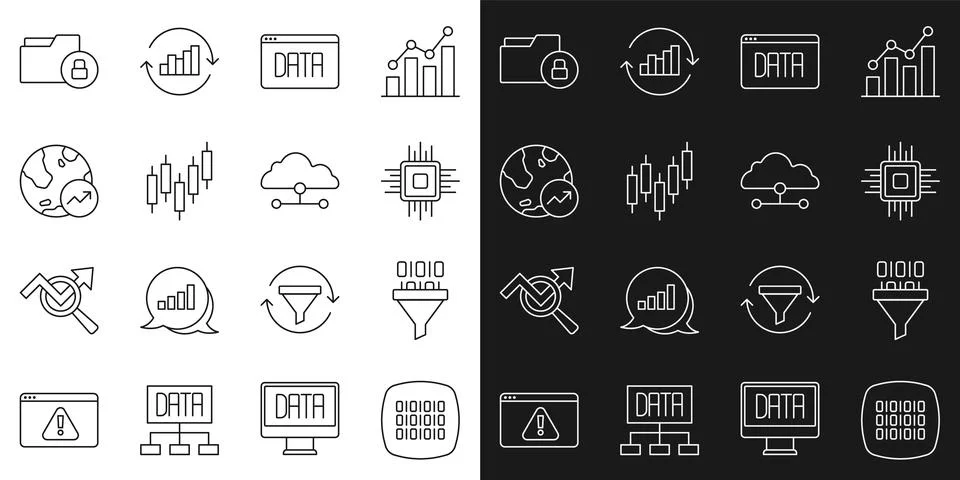 Set line Binary code, Processor CPU, Data analysis, Browser with stocks market Stock Illustration