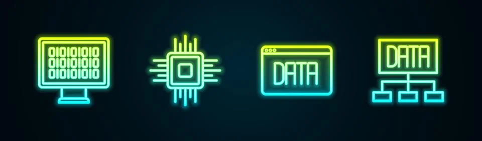 Set line Binary code, Processor CPU, Data analysis and . Glowing neon icon... Stock Illustration