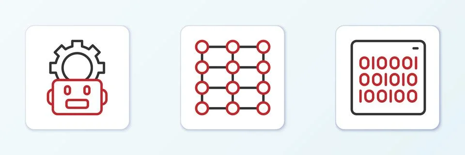 Set line Binary code, Robot setting and Neural network icon. Vector Stock Illustration