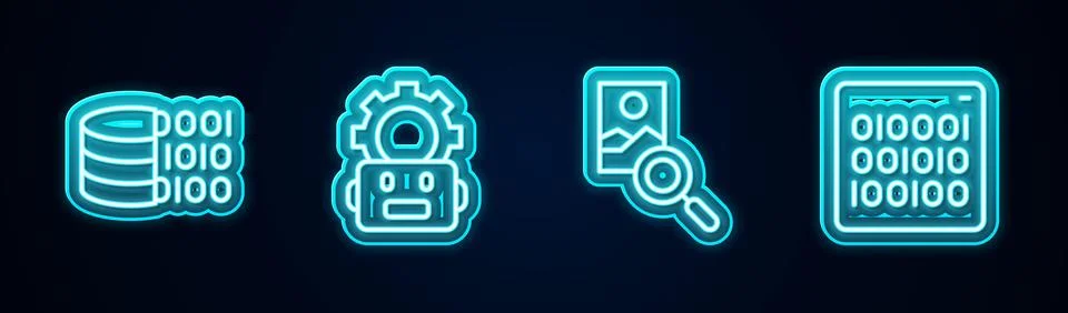 Set line Binary code, Robot setting, Photo retouching and . Glowing neon ic.. Stock Illustration