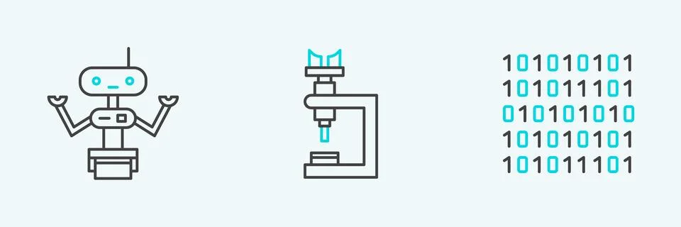 Set line Binary code, Robot and Microscope icon. Vector Illustrazione stock