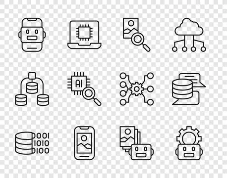 Set line Binary code, Robot setting, Photo retouching, Mobile phone, Chat, .. Stock-Illustration
