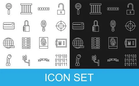 Set line Binary code, Safe, Target sport, Password protection, combination lock Stock Illustration