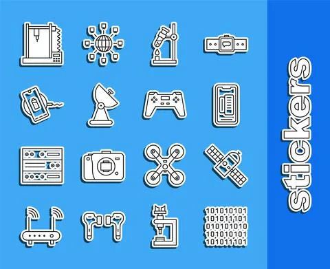 Set line Binary code, Satellite, Smartphone, mobile phone, Test tube flask fire Stock Illustration