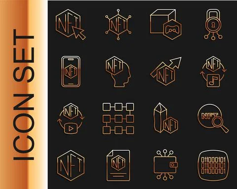 Set line Binary code, Search NFT, Digital crypto art, Mobile with store app, and Stock Illustration