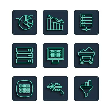 Set line Binary code, Search data analysis, Sales funnel with chart, Server,  Stock Illustration