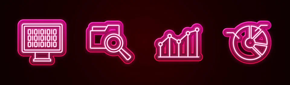 Set line Binary code, Search with folder, Pie chart infographic and . Glowi.. Stock Illustration