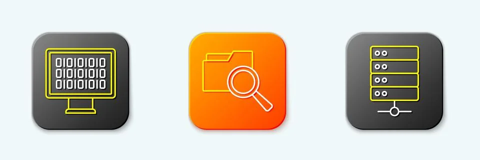 Set line Binary code, Search with folder and Server icon. Vector Stock Illustration
