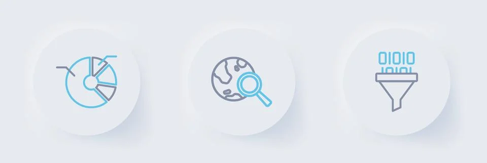 Set line Binary code, Search globe and Pie chart infographic icon. Vector Stock Illustration