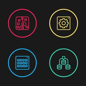 Set line Binary code, Server, Data, Computer api interface and Neural network Stock Illustration