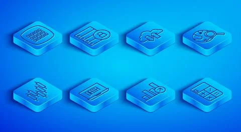 Set line Binary code, Server security with padlock, Cloud download and upload Stock Illustration