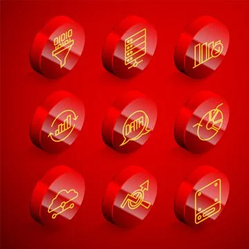 Set line Binary code, Server, Financial growth decrease, Pie chart infographic Stock Illustration