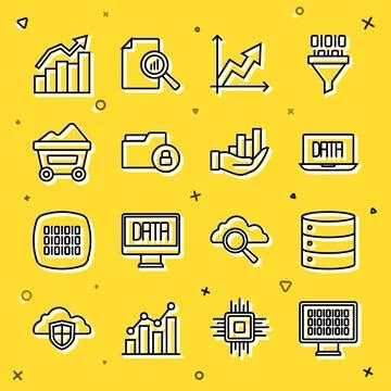 Set line Binary code, Server, Data analysis, Financial growth, Folder and lock Stock Illustration