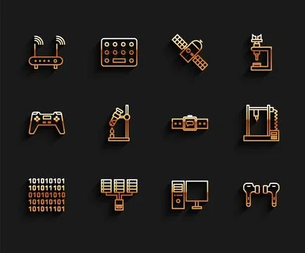 Set line Binary code, Server, Data, Web Hosting, Router and wi-fi signal Stock Illustration