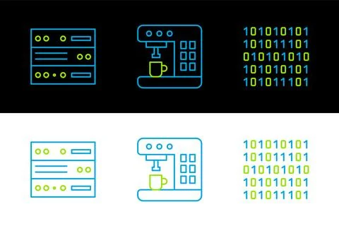 Set line Binary code, Server, Data, Web Hosting and Coffee machine icon. Vect Stock Illustration