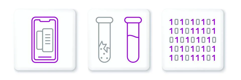 Set line Binary code, Smartphone, mobile phone and Test tube and flask icon.. Stock Illustration