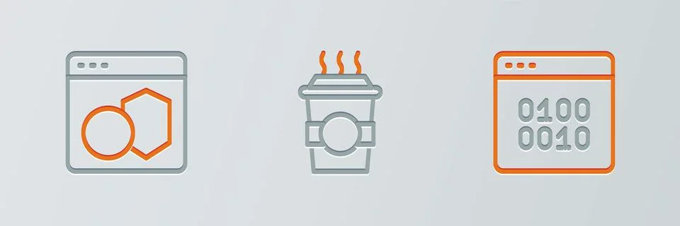 Set line Binary code, Software and Coffee cup to go icon. Vector Stock Illustration