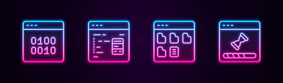 Set line Binary code, Software, Browser files and Loading data window. Glow.. Stock Illustration