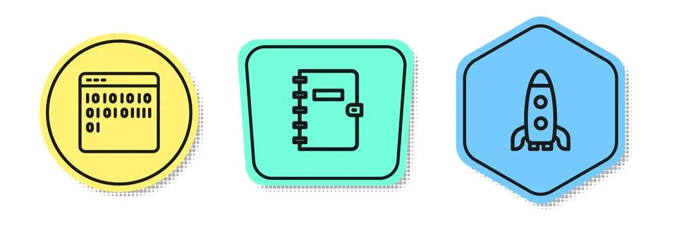 Set line Binary code, Spiral notebook and Rocket ship. Colored shapes. Vector Stock Illustration