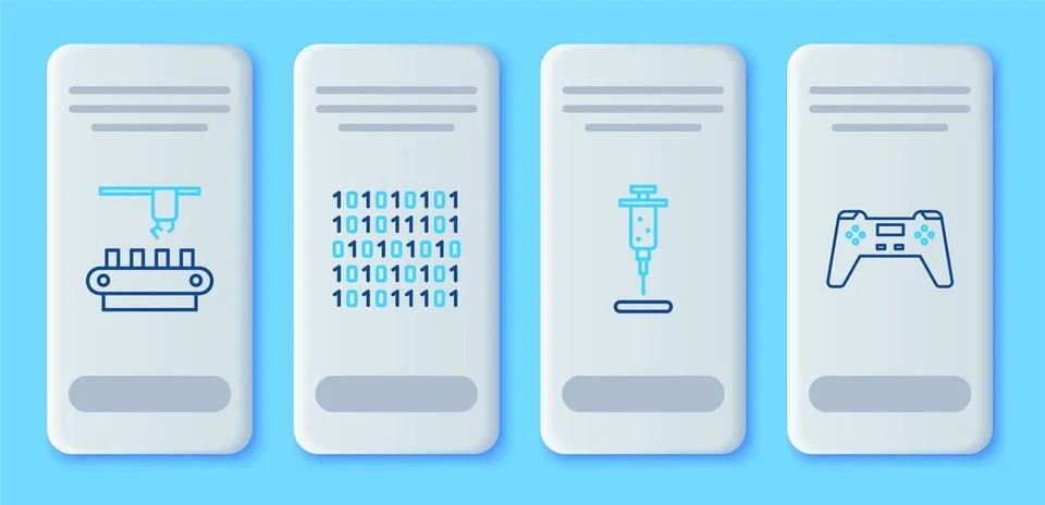 Set line Binary code, Syringe, Factory conveyor system belt and Gamepad ico.. Stock Illustration