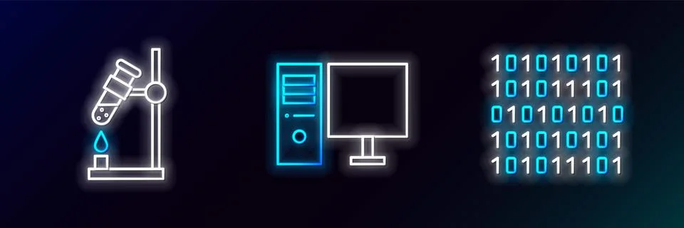 Set line Binary code, Test tube flask on fire and Computer monitor icon. Gl.. Stock Illustration