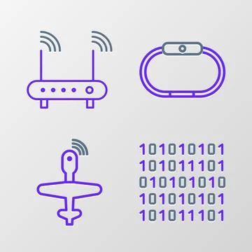 Set line Binary code, UAV Drone, Smartwatch and Router and wi-fi signal ico.. Stock Illustration