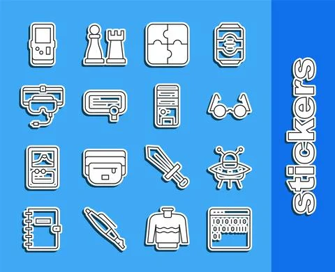 Set line Binary code, UFO flying spaceship, Eyeglasses, Piece of puzzle Illustrazione stock