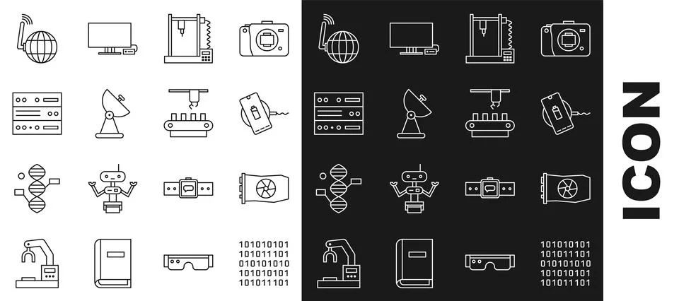 Set line Binary code, Video graphic card, Wireless charger, 3D printer, Radar Stock Illustration