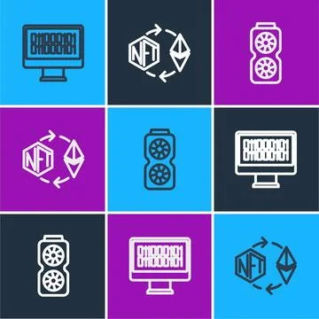 Set line Binary code, Video graphic card and Ethereum exchange NFT icon. Vect Stock Illustration