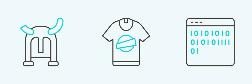 Set line Binary code, Viking horned helmet and T-shirt icon. Vector Stockillustratie