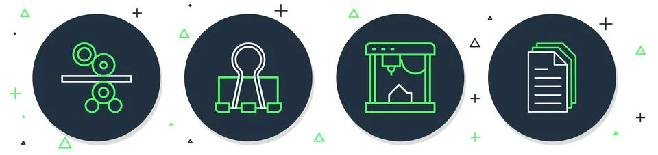 Set line Binder clip, 3D printer, Paper roll of printing press and File document Stock Illustration