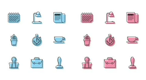 Set line Binder clip, Briefcase, Calendar, Stamp, Coffee cup flat, Flowers pot Illustration