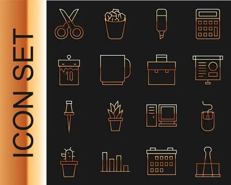 Set line Binder clip, Computer mouse, Chalkboard with diagram, Marker pen Stock-Illustration