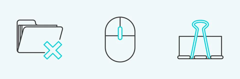 Set line Binder clip, Delete folder and Computer mouse icon. Vector Illustrazione stock