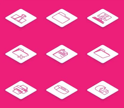 Set line Binder clip, Document folder, Computer with keyboard and x mark, Delete Stock Illustration