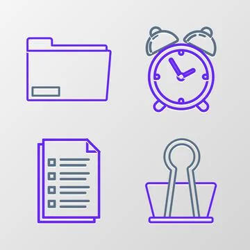 Set line Binder clip, File document, Alarm clock and Document folder icon Illustrazione stock