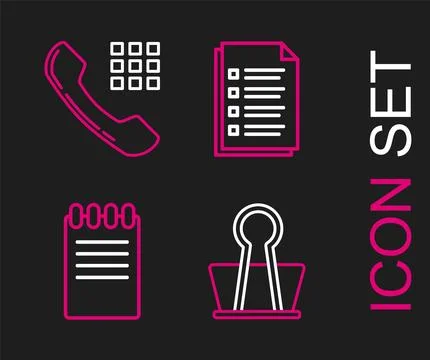Set line Binder clip, Notebook, File document and Telephone handset icon. V.. Stock Illustration