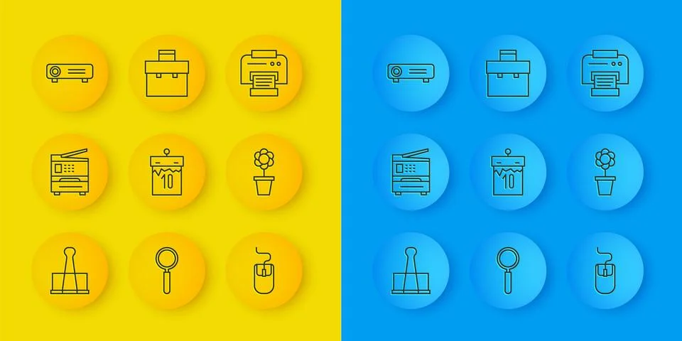 Set line Binder clip, Printer, Calendar, Computer mouse, Flower pot, Movie, film Stock Illustration