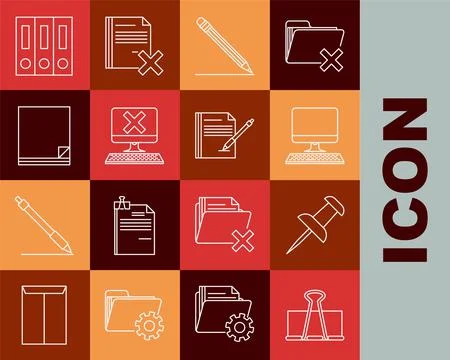 Set line Binder clip, Push pin, Computer monitor with keyboard, Pencil eraser Stock Illustration