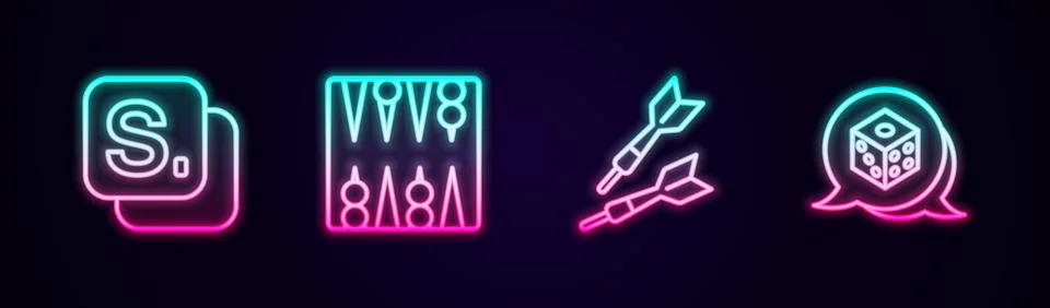 Set line Bingo, Backgammon board, Dart arrow and Game dice. Glowing neon icon Stock Illustration