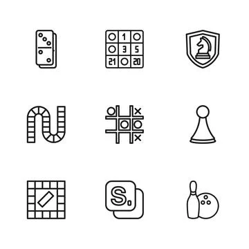 Set line Bingo, Chip for board game, Bowling pin and ball, Tic tac toe, Che.. Stock Illustration