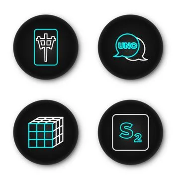 Set line Bingo, Rubik cube, Uno card game and Mahjong pieces icon. Vector Illustrazione stock