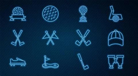 Set line Binoculars, Baseball cap, Award cup with golf, Golf flag, Crossed cl Stock Illustration