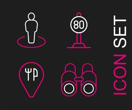 Set line Binoculars, Cafe and restaurant location, Speed limit traffic and .. Stock-Illustration
