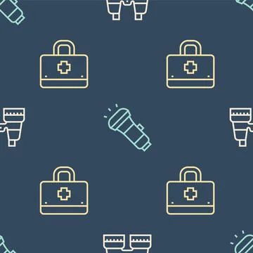 Set line Binoculars, First aid kit and Flashlight on seamless pattern. Vector Stock Illustration