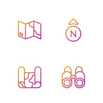 Set line Binoculars, Folded map, and Compass. Gradient color icons. Vector Stock Illustration
