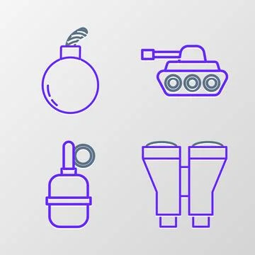 Set line Binoculars, Hand grenade, Military tank and Bomb ready to explode .. Stock Illustration