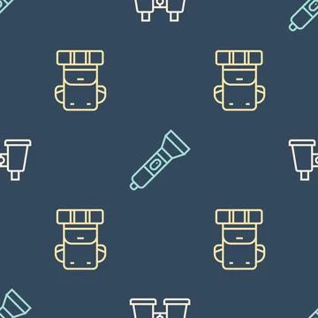 Set line Binoculars, Hiking backpack and Flashlight on seamless pattern. Vect イラスト素材