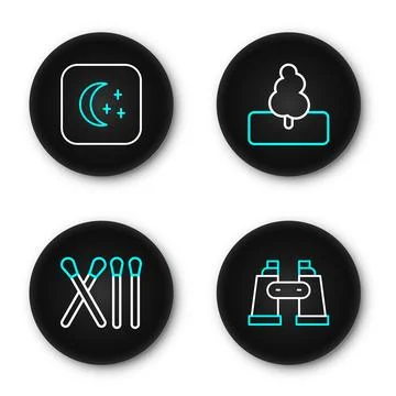 Set line Binoculars, Match stick, Tree and Moon and stars icon. Vector Stock Illustration