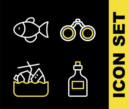Set line Binoculars, Rum bottle, Sinking cruise ship and Fish icon. Vector Stockillustratie